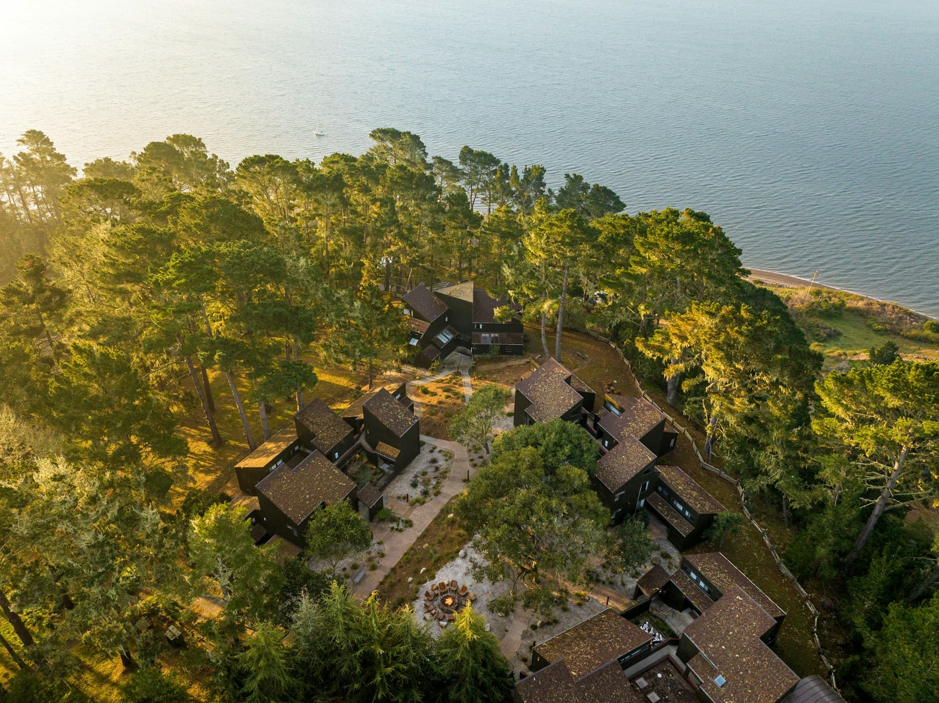 Aerial drone view of the Lodge at Marconi on Tomales Bay